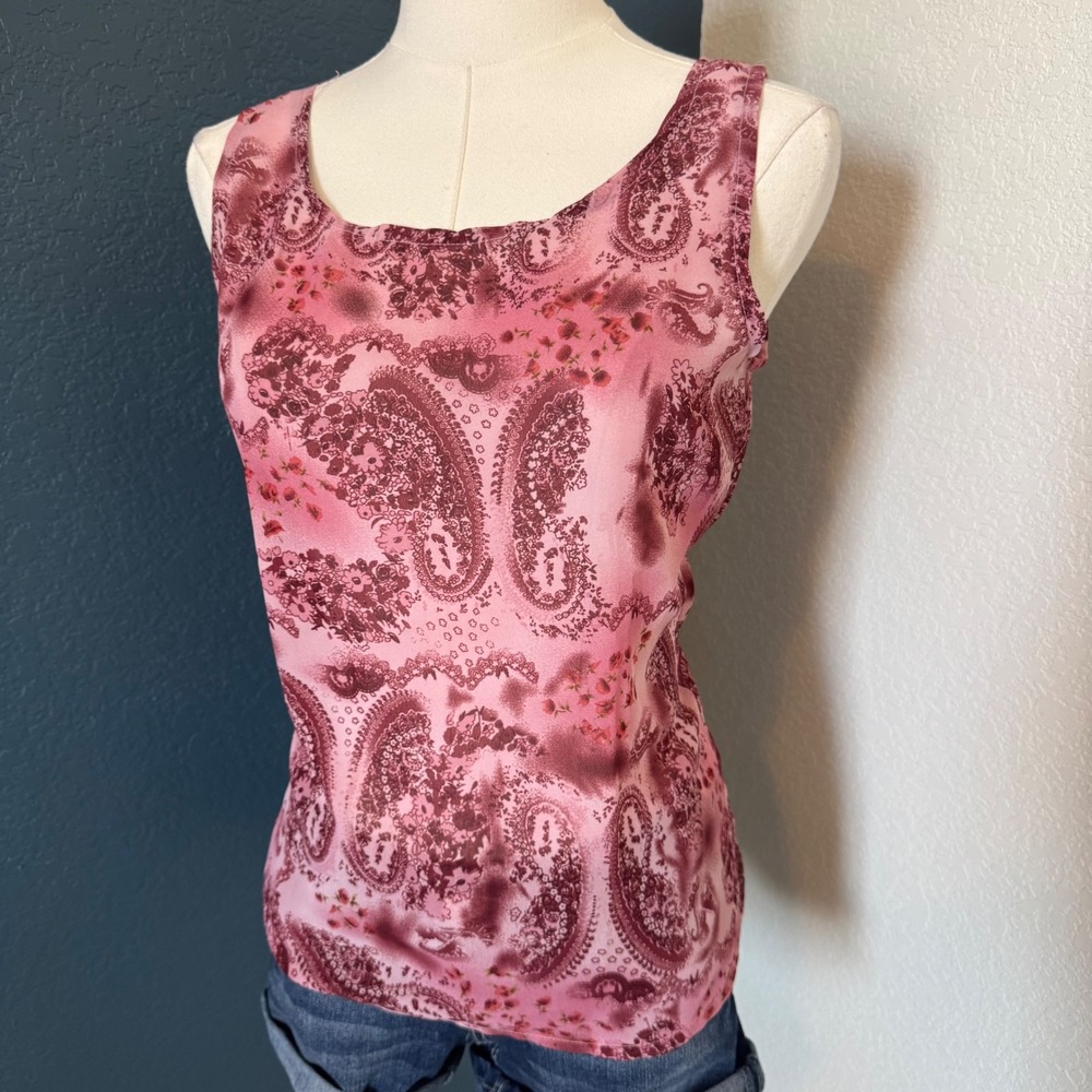 Whimsygoth Boho Paisley Print New Wave Tank Top Medium Pink Burgundy